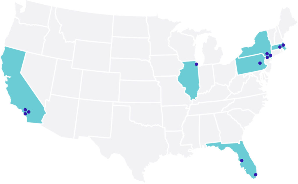 An illustrated map of America with dots marking locations in California, Illinois, Florida, New York, Connecticut, and Pennsylvania.