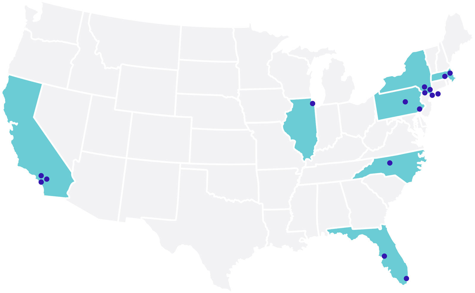 An illustrated map of America with dots marking locations in California, Illinois, Florida, New York, Connecticut, and Pennsylvania.