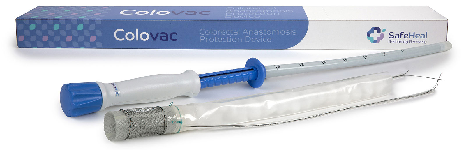 A long, blue, and white medical device its box and the words Colovac by SafeHeal next to it.